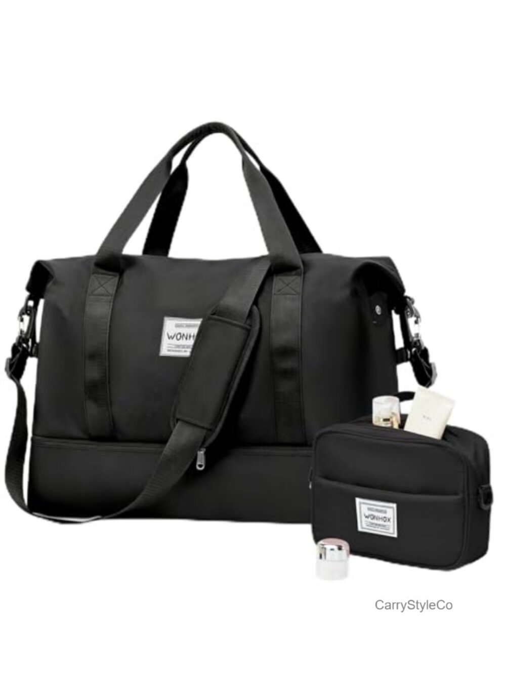 Nylon Weekender Duffel Travel Bag with Shoe Compartment & Toiletry Bag,